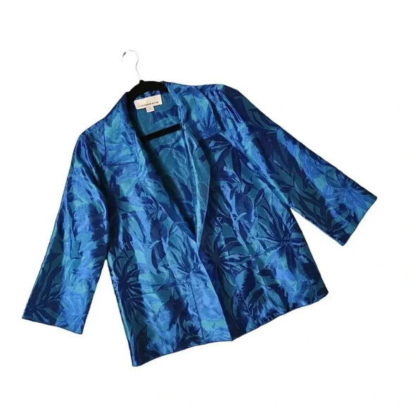 New Caroline Rose Blue Open Front Hawaiian Floral Jacquard Jacket Size XS - Picture 5 of 8